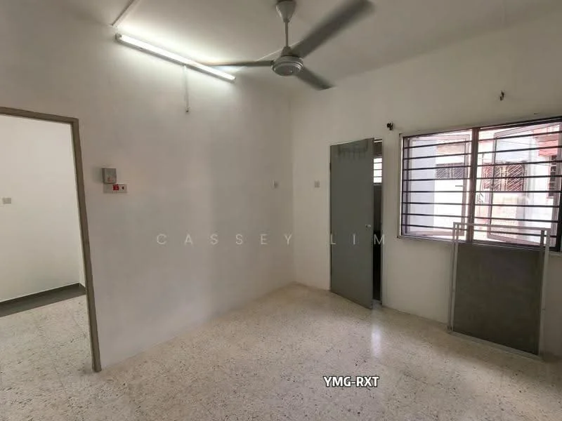 Room features: white painted walls, ceiling fan, window with metal grille, light-colored terrazzo flooring, door with metal frame, plain ceiling, single window, interior door, corner wall.
