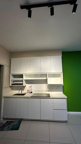 Kitchen features: white cabinetry, green accent wall, white countertop, single-bowl stainless-steel sink, chrome pull-down faucet, built-in oven, 4-burner gas hob, tile flooring, recessed LED downlights, open shelving, dish rack, kitchen towel holder; style: modern.