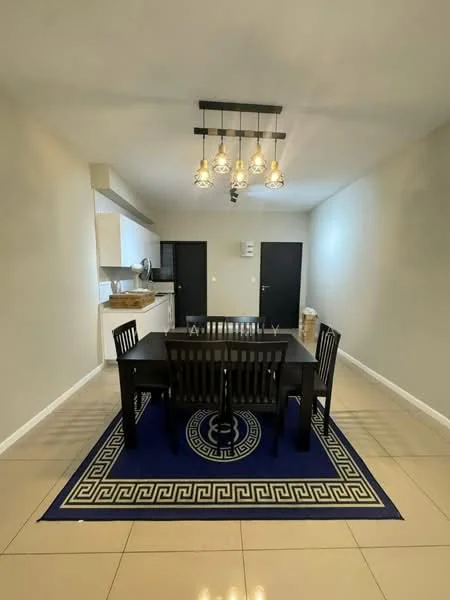 Dining features: black dining table, 6 dining chairs, blue area rug with geometric pattern, pendant lighting with multiple bulbs, cream painted walls, tile flooring, open kitchen layout visible in background, two black doors, wall-mounted light switches; style: modern.