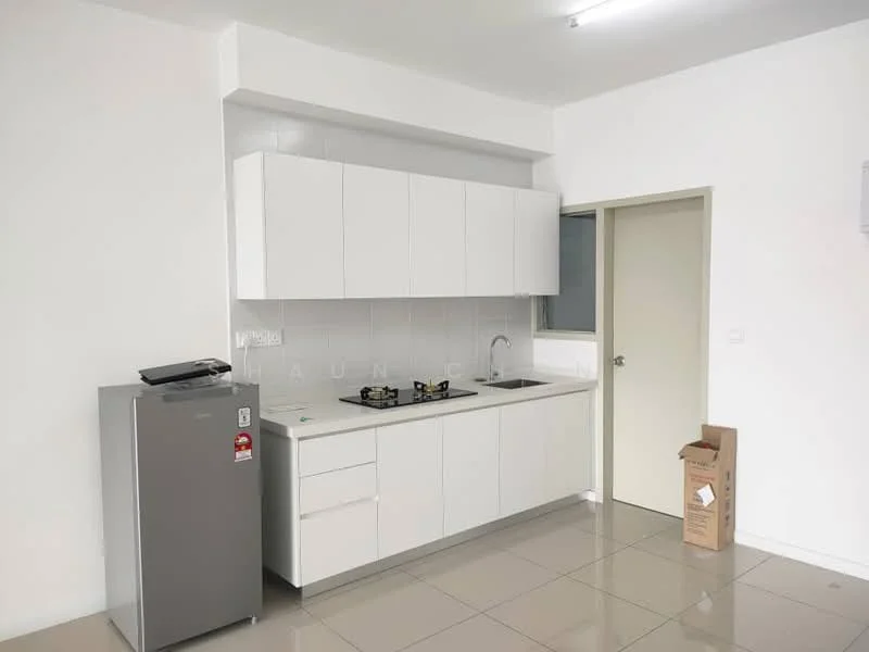 Kitchen features: white cabinetry, stainless-steel fridge, built-in gas hob, white tiled backsplash, single-bowl stainless-steel sink, chrome pull-down faucet, grey countertop, ceramic tile flooring, wall-mounted cabinets, open shelving, neutral wall colour, window for natural light; style: modern.