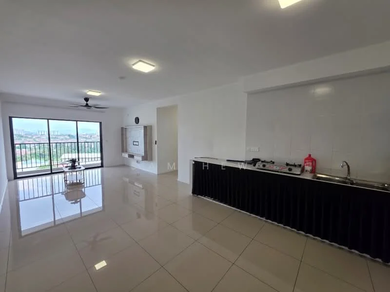 Living features: large floor-to-ceiling windows, white painted walls, polished ceramic tile flooring, 5-blade ceiling fan with light, recessed LED downlights, black kitchen cabinetry, stainless-steel sink, countertop with space for appliances, open layout, dining area adjacent to living space, view of city skyline; style: modern; view: city.