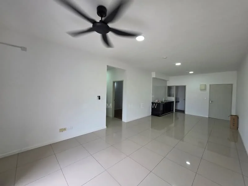 Living features: white painted walls, glossy ceramic tile flooring, 5-blade ceiling fan, recessed downlights, open layout, large windows, kitchen area visible, doorway leading to another room; style: modern.