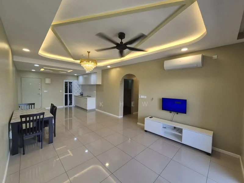 Living features: white painted walls, glossy tile flooring, tray ceiling with recessed lighting, chandelier, 5-blade ceiling fan, wall-mounted TV, white TV console, black dining table with four chairs, air conditioning unit; style: modern.