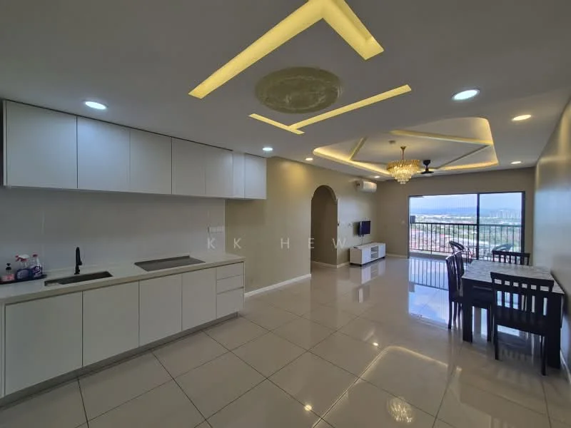 Kitchen features: white cabinetry, single-bowl stainless-steel sink, chrome pull-down faucet, marble countertop, ceramic tile flooring, recessed downlights, wall-mounted split AC; style: modern; view: city. Living features: 3-seater fabric sofa in grey, TV console, wall-mounted TV, dining table for 4, ceiling fan, chandelier, large windows, sliding glass door; style: modern; view: city.