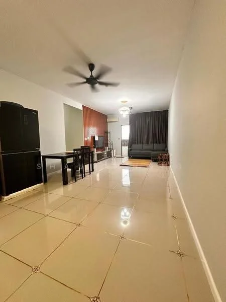 Living features: glossy ceramic tile flooring, white painted walls, 5-blade ceiling fan with light, sofa in dark grey, dining table with 4 chairs, black refrigerator, wall-mounted TV, curtains in dark grey, decorative wall paneling in brown, light fixture with chandelier; style: modern.