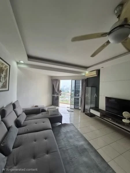 Living features: 3-seater fabric sofa in grey, ceiling fan with light, wall-mounted TV, TV console, area rug, floor-to-ceiling windows, sliding glass door, curtains, light-colored walls, tile flooring, recessed lighting; style: modern; view: city.