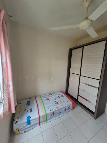 Bedroom features: single bed with colorful bedding, built-in wardrobe with sliding doors, white painted walls, ceiling fan, tile flooring, curtains with floral pattern, natural light from window; style: modern.