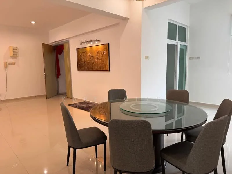Dining features: round dining table, glass tabletop, 6 upholstered dining chairs, white painted walls, glossy tile flooring, recessed downlights, floor-to-ceiling windows, curtains, decorative wall art, doorway leading to another room; style: modern. Room features: white painted walls, glossy tile flooring, doorway, light switch.