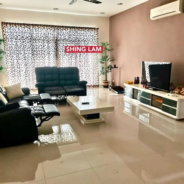 Living features: black leather reclining sofa, 2-seater fabric sofa in grey, white coffee table, TV console with storage, wall-mounted TV, floor-to-ceiling windows with sheer curtains, cream painted walls, polished ceramic tile flooring, ceiling-mounted air conditioning unit, decorative plants; style: modern.
