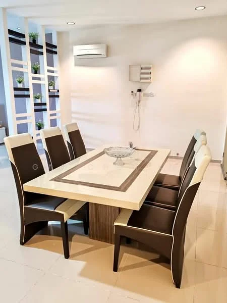 Dining features: 6-seater dining table with white marble top, dark wood base for dining table, upholstered dining chairs in brown and cream, recessed ceiling lights, wall-mounted air conditioning unit, decorative wall shelves with plants, cream painted walls, glossy tile flooring; style: modern.