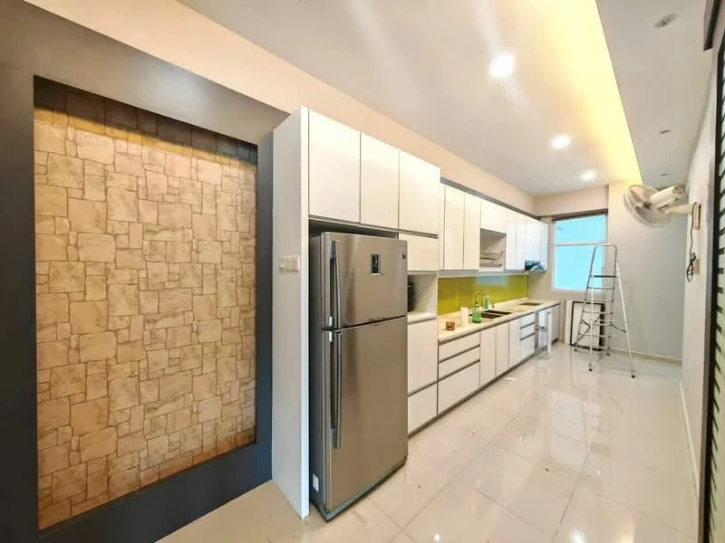 Kitchen features: white cabinetry with flat-panel doors, stainless-steel fridge, built-in oven, 4-burner gas hob, white quartz countertop, green backsplash, single-bowl stainless-steel sink, chrome pull-down faucet, tile flooring, recessed LED downlights, window with sheer curtains, exposed brick feature wall; style: modern.