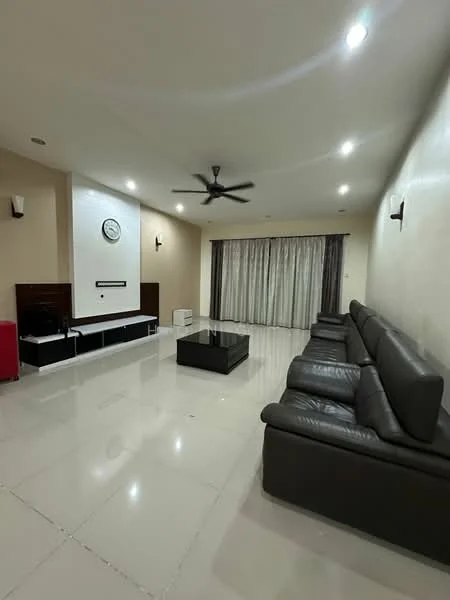 Living features: 3-seater leather sofa in dark grey, coffee table, wall-mounted TV console, floor-to-ceiling windows with sheer curtains, recessed downlights, 5-blade ceiling fan with light, clock on wall, light-coloured painted walls, glossy tile flooring; style: modern.