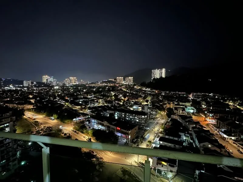 Exterior features: night city skyline view, illuminated buildings, surrounding hills, street lights, urban landscape; style: modern.