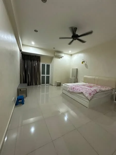Bedroom features: white painted walls, glossy tile flooring, 5-blade ceiling fan, recessed downlights, floor-to-ceiling windows, curtains, queen-size bed with white headboard, bedside table, air conditioning unit, wall-mounted mirror; style: modern.