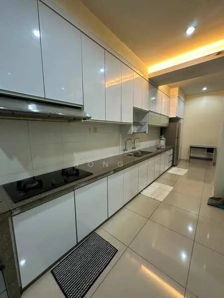 Kitchen features: white flat-panel cabinets, grey granite countertop, double-bowl stainless-steel sink, chrome pull-down faucet, built-in oven, 4-burner gas hob, exhaust hood, ceramic tile flooring, recessed LED downlights, wall-mounted cabinets, backsplash with white tiles, kitchen rug, two floor mats; style: modern.