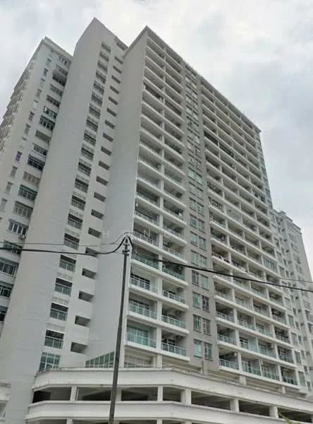 Exterior type: high-rise condominium; features: grey painted facade, glass balcony railings, multiple recessed balconies, flat roof, approximately 20-storey high-rise, parking deck at base, large windows, modern architectural design; style: modern.