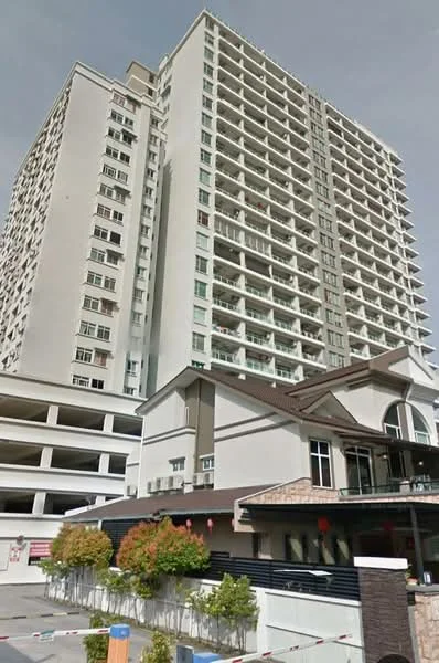Exterior type: high-rise condominium; features: white painted facade, glass balcony railings, multiple recessed balconies, flat roof, approximately 20-storey high-rise, manicured landscaping with small trees, multi-storey car park, outdoor dining area, feature stone cladding at entrance, surrounded by mature greenery; style: modern.