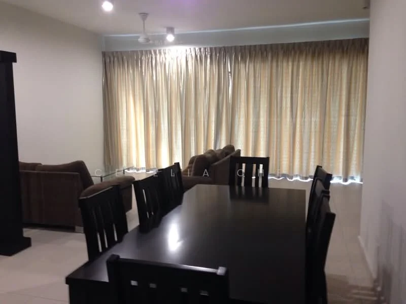 Dining features: dark wooden dining table, 6 dining chairs, cream curtains, floor-to-ceiling windows, recessed ceiling lights, 2-blade ceiling fan, light-colored tiled flooring, neutral painted walls; style: modern. Living features: 2-seater fabric sofa in brown, 3-seater fabric sofa in brown, decorative throw pillows, light-colored tiled flooring, cream curtains, neutral painted walls; style: modern.