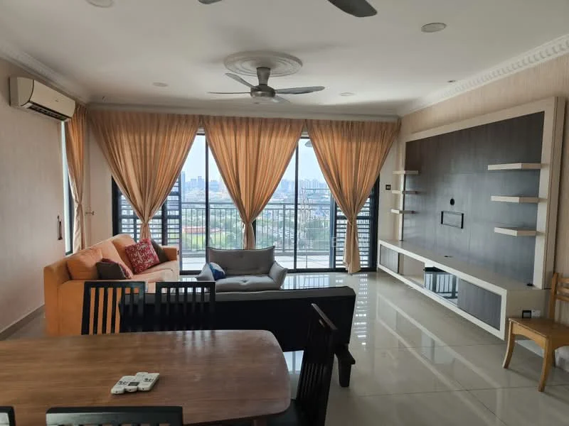 Living features: floor-to-ceiling windows, grey fabric sofa, orange fabric sofa, wooden dining table, black dining chairs, recessed downlights, ceiling fan, decorative wall with TV console, curtains with gold color, polished tile flooring, wall-mounted shelves, air conditioning unit; style: modern; view: city.