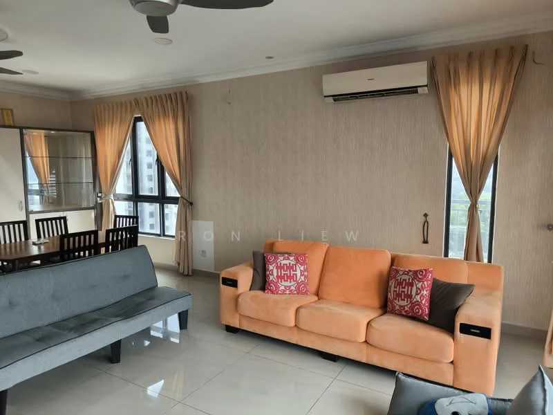 Living features: grey fabric sofa, orange fabric sofa with cushions, wooden dining table with six chairs, floor-to-ceiling windows, sheer curtains, air conditioning unit, recessed downlights, cream painted walls, glossy tile flooring, decorative cushions; style: modern; view: city.