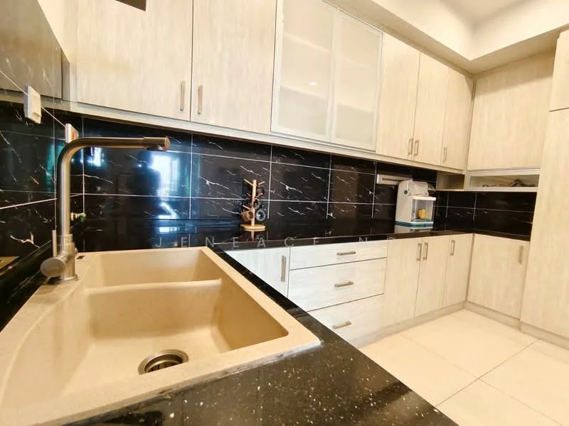 Kitchen features: single-bowl granite composite sink, chrome pull-down faucet, black granite countertop, light wood cabinetry, black and white marble backsplash, built-in microwave, stainless-steel refrigerator, ceramic tile flooring, recessed downlights; style: modern.