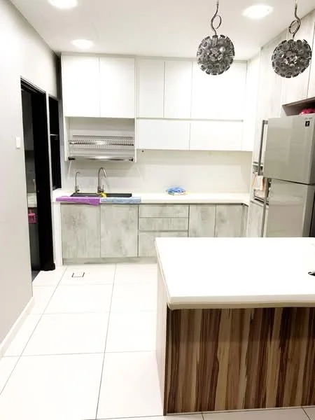 Kitchen features: white cabinetry with flat-panel doors, grey laminate lower cabinets, white countertop, single-bowl stainless-steel sink, chrome pull-down faucet, built-in oven, freestanding refrigerator, pendant lighting fixtures, tile flooring, open layout with island, wall-mounted shelving, grey accent wall; style: modern.