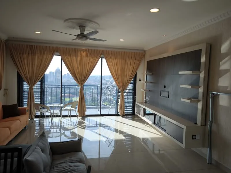 Living features: floor-to-ceiling windows, curtains in beige, recessed downlights, 5-blade ceiling fan, light-colored wall, polished tile flooring, built-in entertainment unit, open shelving, sofa in grey, coffee table, area rug, city skyline view; style: modern; view: city.