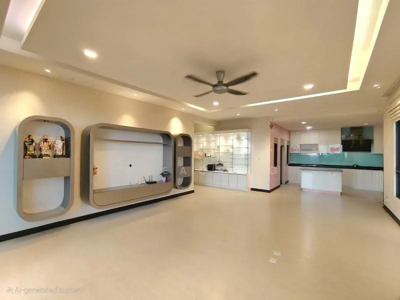 Living features: light-colored walls, recessed downlights, 5-blade ceiling fan, built-in shelving unit, glass display cabinets, open layout, tile flooring, kitchen area visible in background, neutral color palette, decorative wall accents; style: modern.