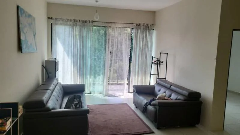 Living features: 2-seater leather sofa, 3-seater leather sofa, area rug, floor-to-ceiling windows, sheer curtains, sliding glass door, balcony access, light fixture, neutral painted walls, tile flooring; style: modern; view: garden.