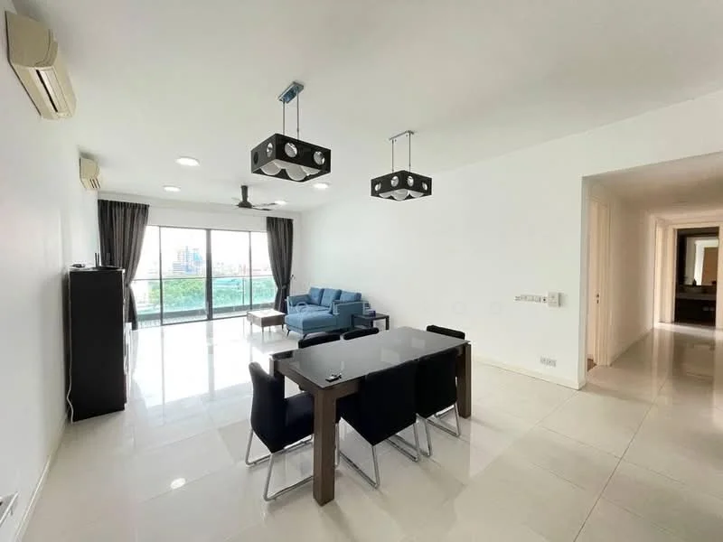 Living features: floor-to-ceiling windows, sliding glass door, grey fabric sofa, 4-seater dining table, black upholstered dining chairs, ceiling fan, recessed downlights, white painted walls, glossy tile flooring, black pendant lights, curtains, TV console; style: modern; view: city.