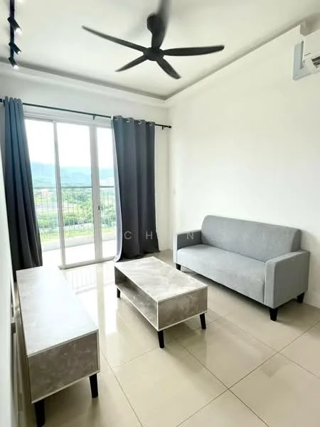 Living features: 3-seater fabric sofa in grey, 2 coffee tables with light-colored surfaces, floor-to-ceiling windows, sliding glass door, grey curtains, white painted walls, polished ceramic tile flooring, ceiling fan with light, air conditioning unit; style: modern; view: mountain.