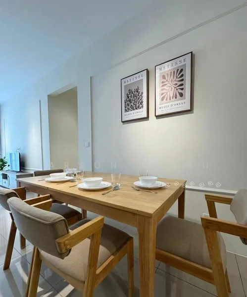 Dining features: wooden dining table, 4 upholstered dining chairs, framed artwork on walls, white painted walls, tile flooring, natural light from adjacent room, decorative wall art, table settings with plates and glasses; style: modern.