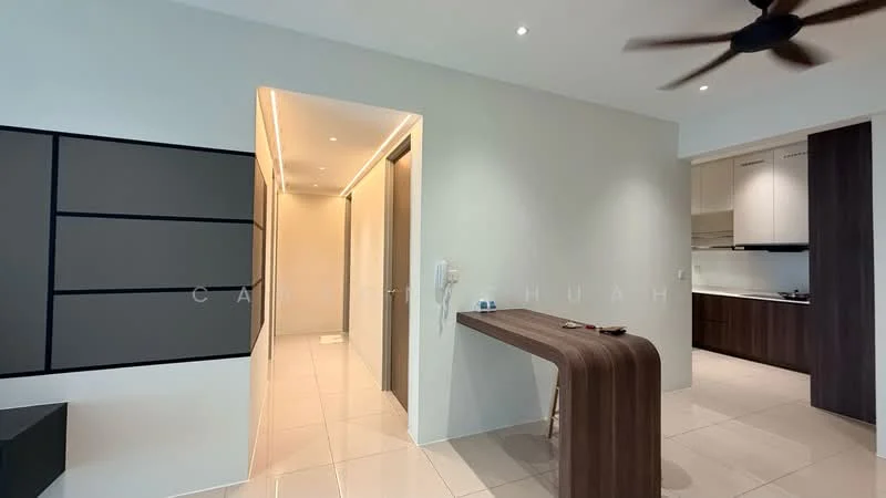Room features: light-colored walls, recessed lighting, ceiling fan, glossy tile flooring, open layout, wooden accent wall, narrow hallway, kitchen area visible in background, built-in cabinetry, telephone intercom, neutral color palette; style: modern.