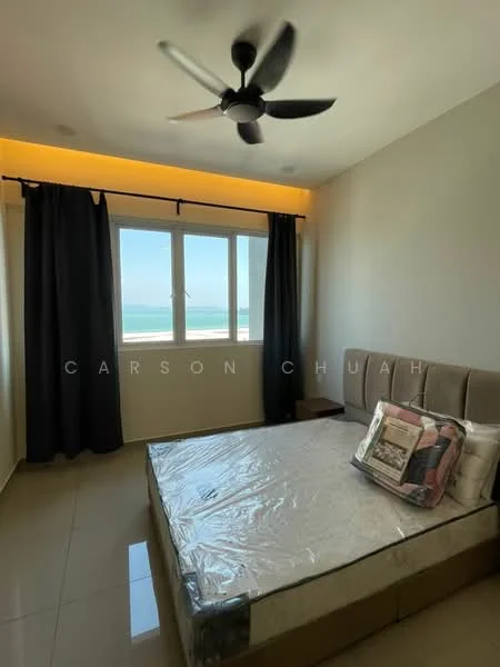 Bedroom features: king-size bed, upholstered headboard, blackout curtains, floor-to-ceiling windows, ceiling fan, light strip along ceiling, glossy tile flooring, decorative pillow; style: modern; view: sea.