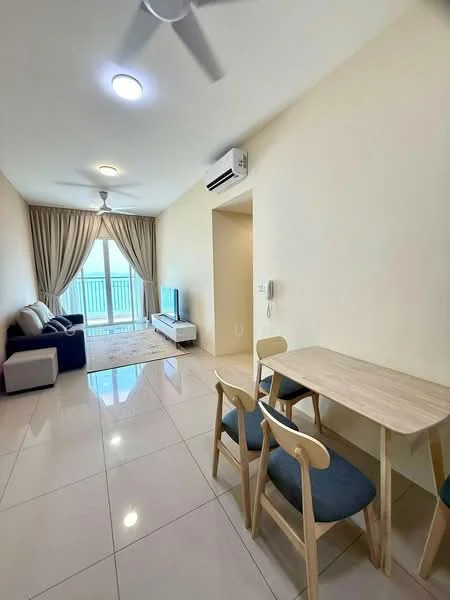 Living features: 3-seater fabric sofa in grey, coffee table, TV console, wall-mounted TV, area rug, floor-to-ceiling windows, sheer curtains, ceiling fan, wall-mounted split AC, light-colored painted walls, glossy tile flooring, dining table with 4 chairs; style: modern; view: city.