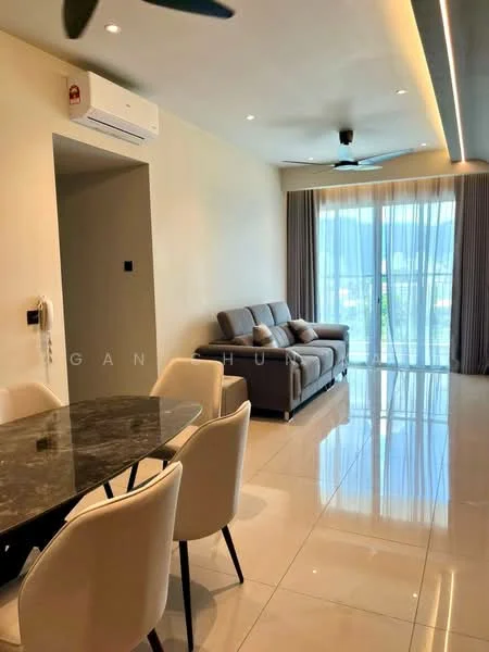 Living features: grey fabric sofa, 4-seater dining table with marble top, white upholstered dining chairs, floor-to-ceiling windows, curtains, recessed downlights, 5-blade ceiling fan, glossy tile flooring, air conditioning unit, neutral painted walls; style: modern; view: city.