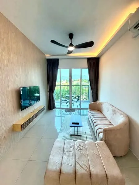 Living features: 3-seater fabric sofa in beige, ottoman in beige, black coffee table, wall-mounted TV, media console with storage, floor-to-ceiling windows, sliding glass door, curtains in dark grey, recessed LED downlights, ceiling fan with light, cream painted walls, glossy tile flooring; style: modern; view: garden.