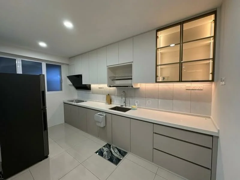 Kitchen features: white cabinets, grey lower cabinets, stainless-steel sink, chrome pull-down faucet, built-in oven, stainless-steel fridge, glass-front upper cabinets, white countertop, tile backsplash, recessed downlights, ceramic tile flooring, window with sheer curtains; style: modern.