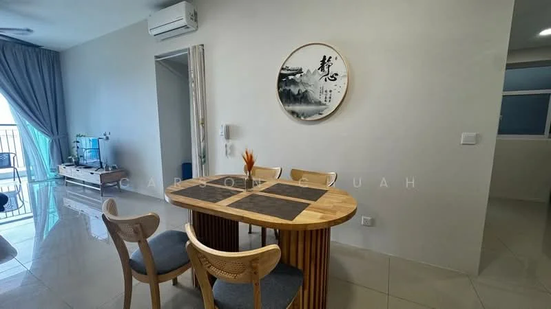 Dining features: round wooden dining table, 4 wooden chairs with fabric cushions, light grey painted walls, glossy tile flooring, wall-mounted air conditioning unit, decorative round wall art, curtains in light blue, floor-to-ceiling windows, view of balcony, natural light from windows; style: modern; view: city. Room features: light grey painted walls, glossy tile flooring, wall-mounted air conditioning unit.