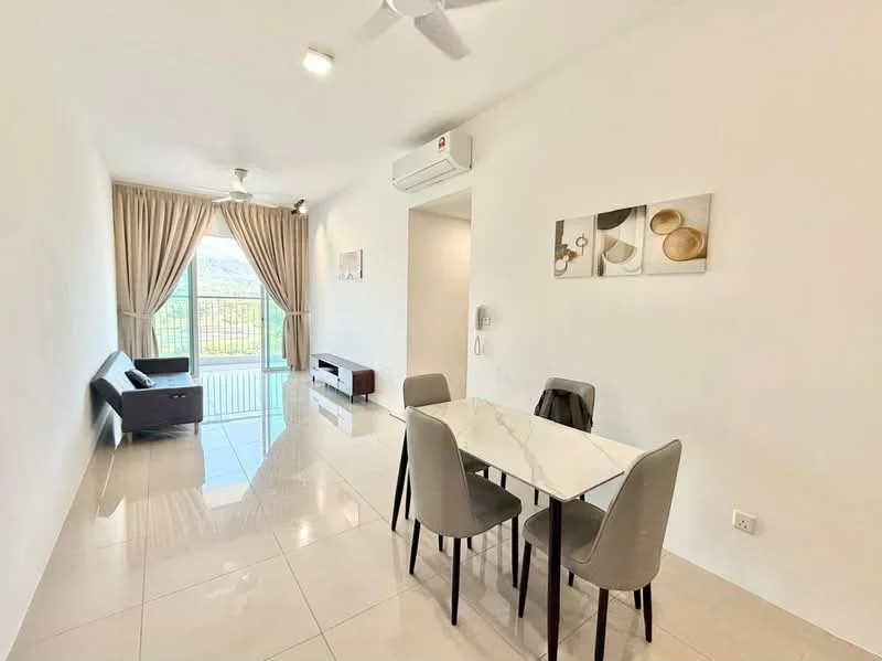 Living features: white painted walls, glossy tile flooring, 5-blade ceiling fan with light, floor-to-ceiling windows, sheer curtains, black leather sofa, dining table with white marble top, 4 grey upholstered dining chairs, wall-mounted TV console, decorative wall art; style: modern; view: city.