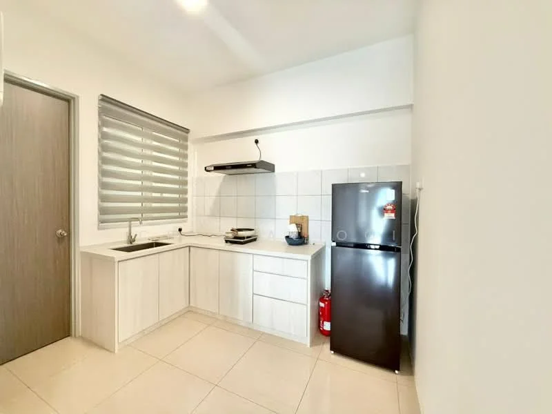 Kitchen features: white cabinetry, black countertop, stainless-steel sink, chrome pull-down faucet, built-in stove with hood, black fridge, white tiled backsplash, ceramic tile flooring, roller blinds on window, fire extinguisher, wall-mounted cabinet; style: modern.