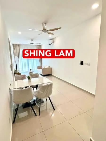 Dining features: 4-seater dining table, white plastic chairs, pendant light, wall-mounted air conditioning unit, floor-to-ceiling windows, curtains, light-colored walls, glossy tile flooring, ceiling fan; style: modern. Living features: sofa, coffee table, TV console, wall-mounted TV; style: modern.