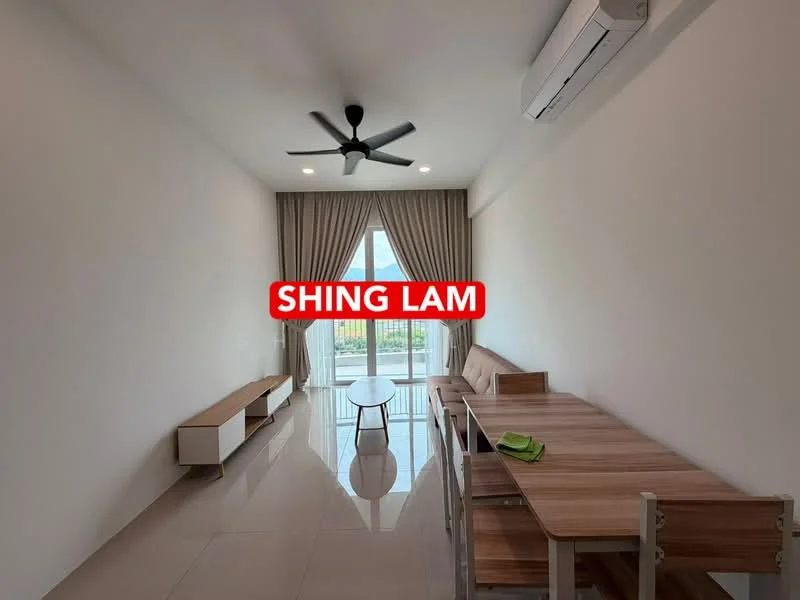 Living features: white painted walls, glossy tile flooring, 5-blade ceiling fan with light, floor-to-ceiling windows, sheer curtains, light-colored sofa, wooden coffee table, wooden sideboard, dining table with chairs; style: modern; view: city.