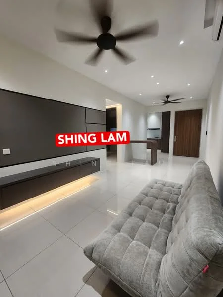Living features: grey fabric sofa, wall-mounted TV console, recessed lighting, ceiling fan, polished ceramic tile flooring, neutral wall colour, open layout, LED strip lighting under TV console; style: modern.