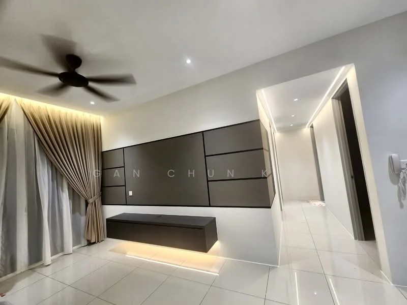 Room features: white painted walls, glossy tile flooring, 5-blade ceiling fan, recessed downlights, wall-mounted TV console with ambient lighting, floor-to-ceiling curtains, neutral color scheme, narrow hallway leading to other rooms; style: modern.