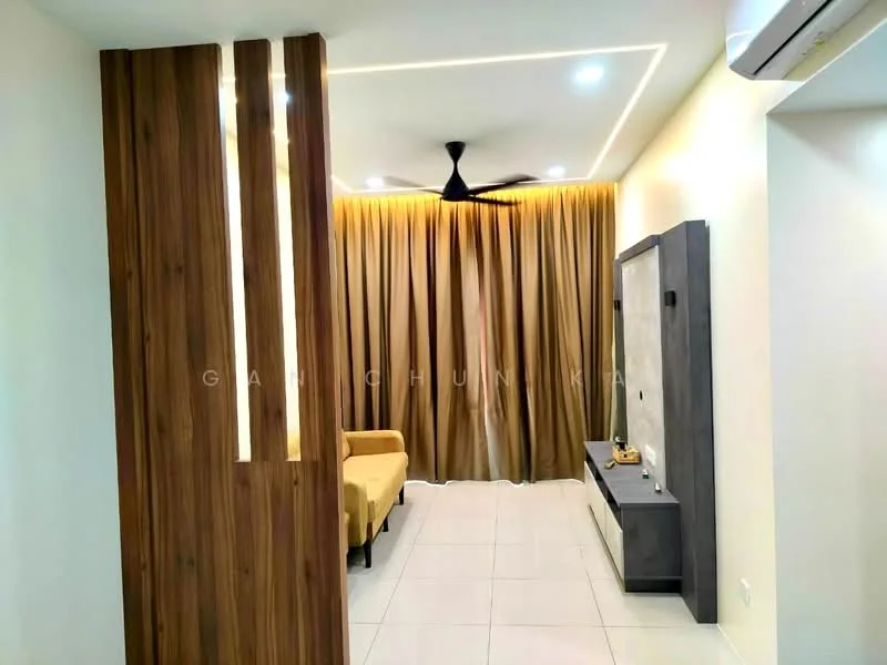 Living features: light-colored tiled flooring, cream painted walls, wooden feature wall, recessed LED downlights, 5-blade ceiling fan, floor-to-ceiling curtains, sofa in beige, TV console in grey, decorative items on console; style: modern.
