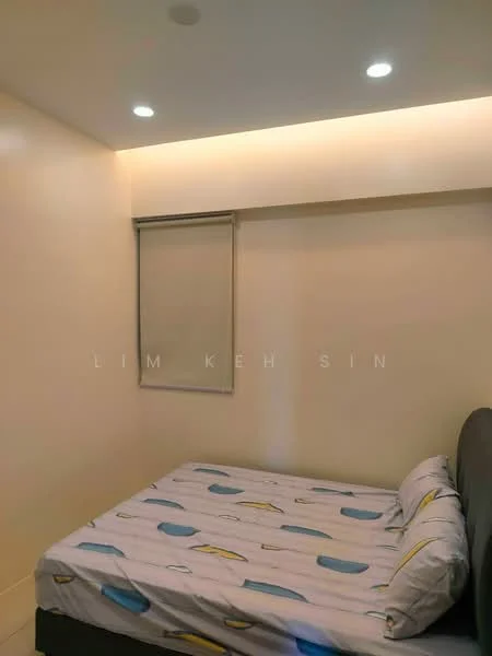 Bedroom features: queen-size bed, upholstered headboard, bedding with abstract pattern, wall-mounted light fixtures, recessed ceiling lights, window with roller blinds, cream painted walls, tile flooring; style: modern.