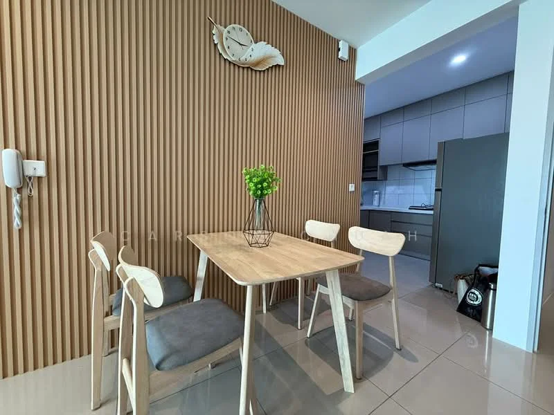 Dining features: wooden dining table, 4 dining chairs with grey cushions, wood panel accent wall, clock on wall, grey tiled flooring, recessed lighting, open kitchen view, kitchen cabinetry visible; style: modern.