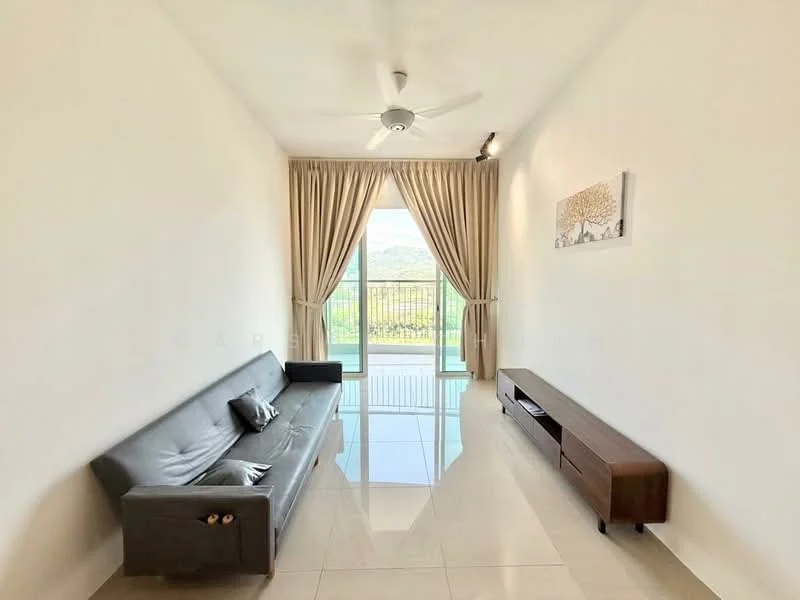 Living features: grey fabric sofa, wooden TV console, floor-to-ceiling windows, sheer curtains, white painted walls, glossy tile flooring, ceiling fan, decorative wall art; style: modern; view: garden.