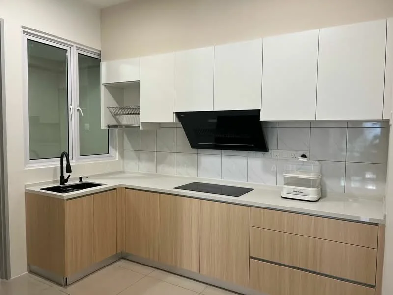Kitchen features: white cabinetry with flat-panel doors, light wood lower cabinets, white quartz countertop, black built-in cooktop, black wall-mounted range hood, single-bowl black stainless-steel sink, black pull-down faucet, white tile backsplash, under-cabinet lighting, large window for natural light, open shelving above countertop, ceramic tile flooring; style: modern.